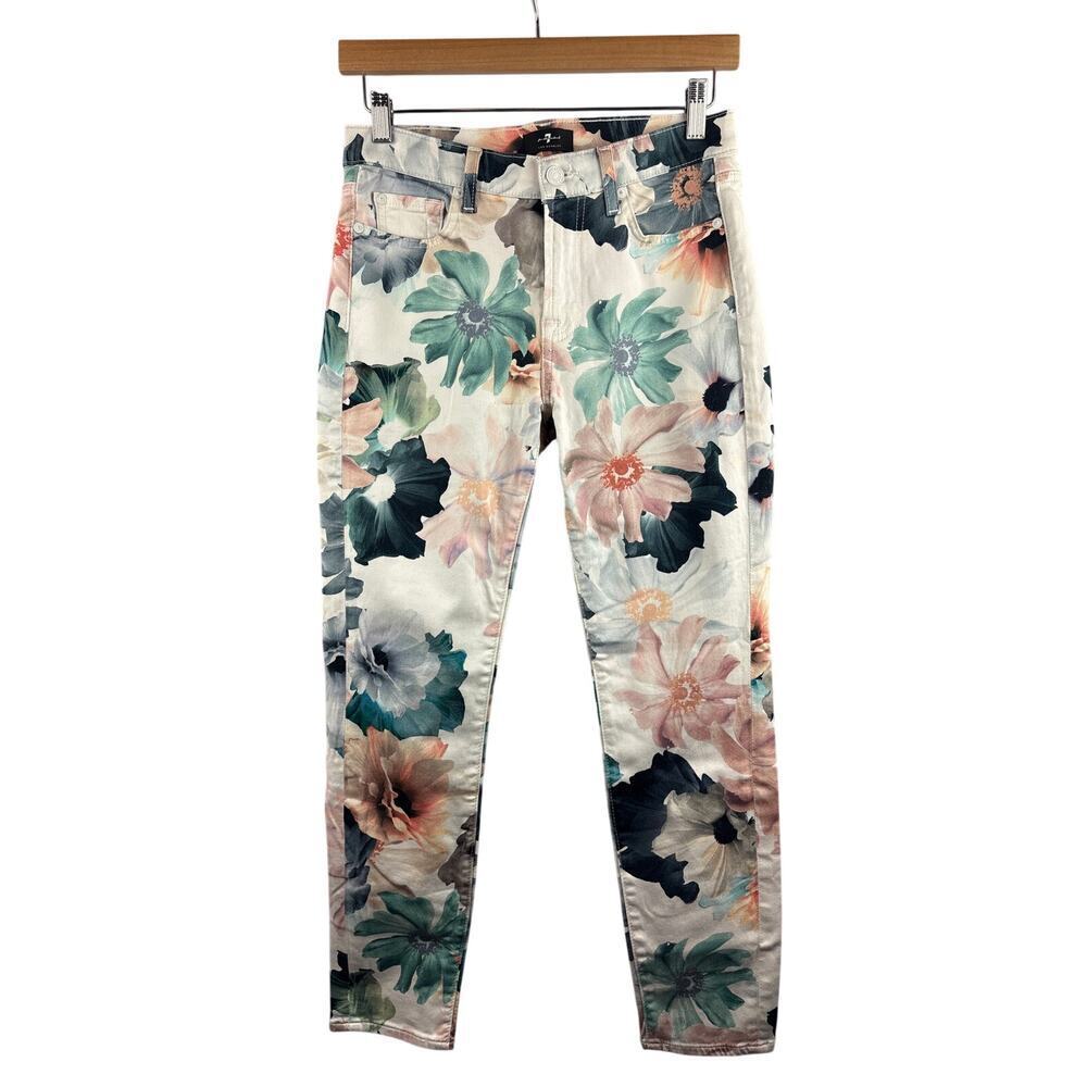 Women’s 7 For All Mankind Size 27 Medium White Floral Skinny Jeans